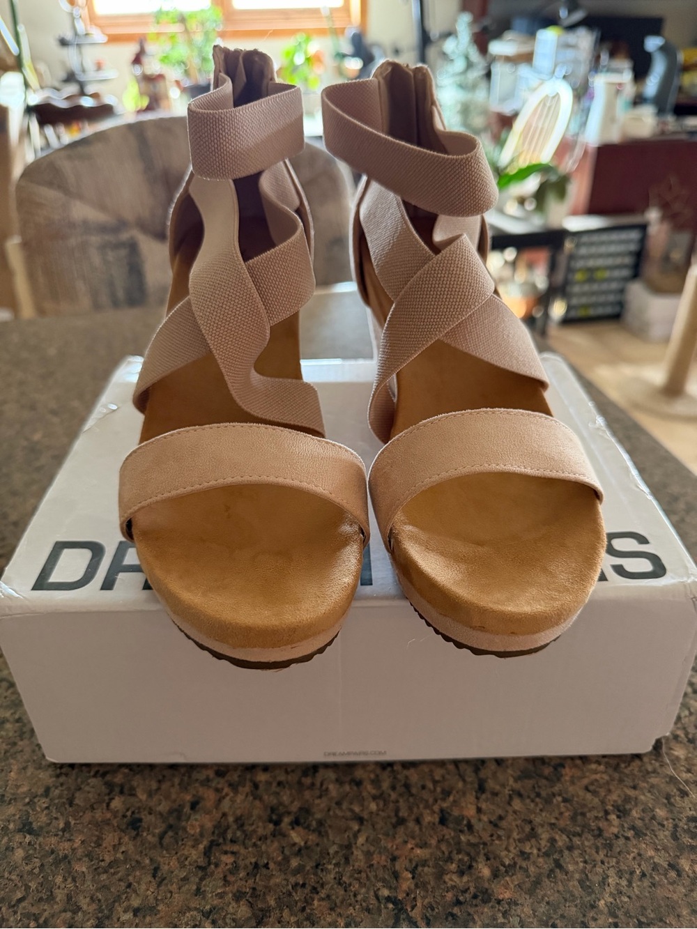 Nude Strappy Elastic Wedge Sandals